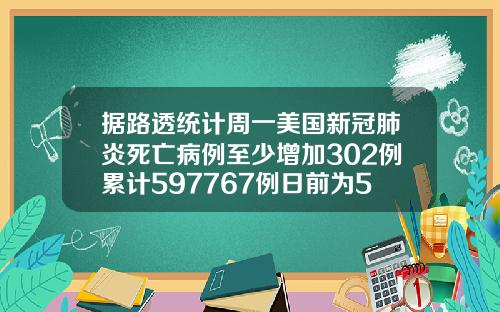 据路透统计周一美国新冠肺炎死亡病例至少增加302例累计597767例日前为597462例.